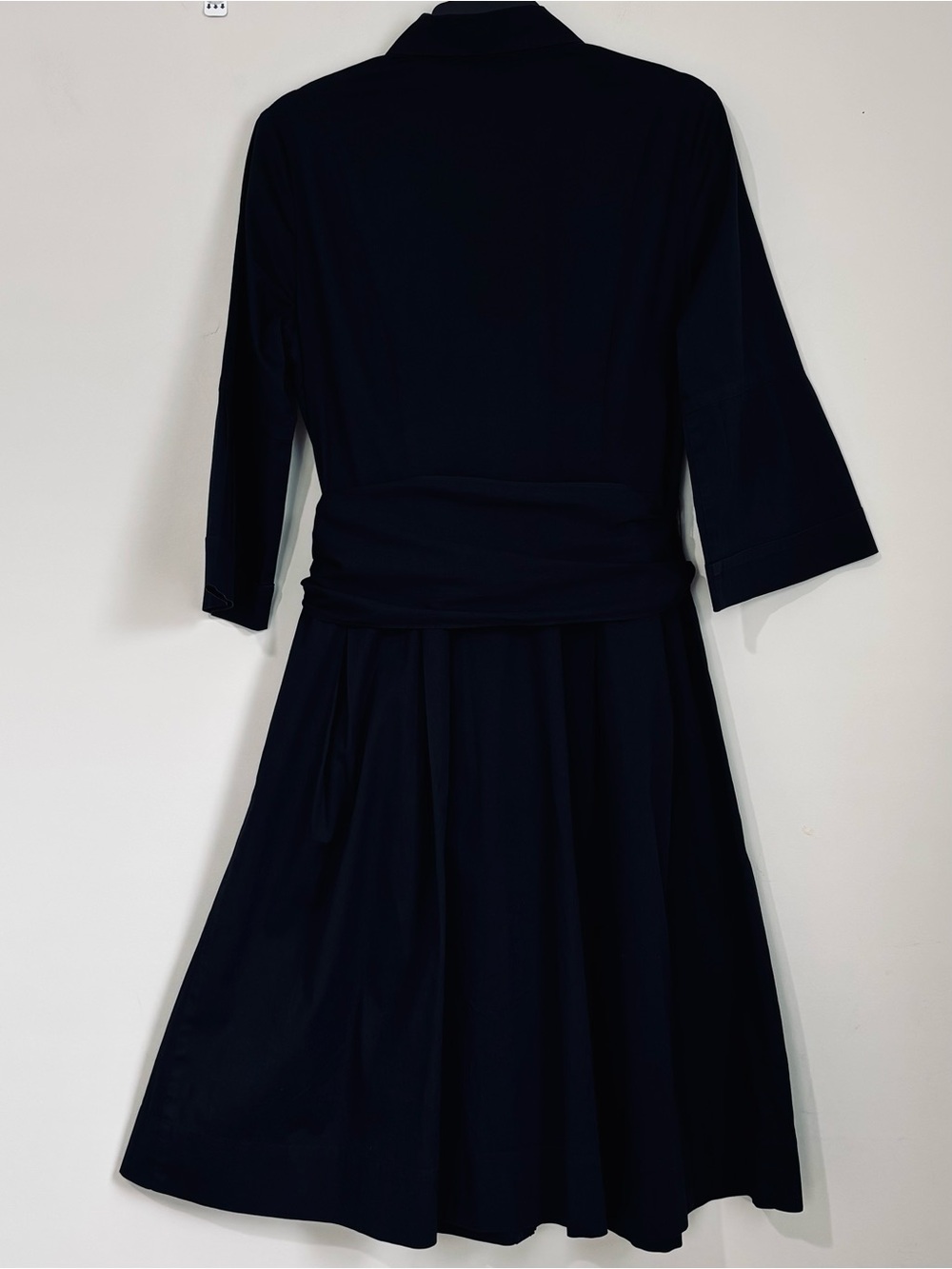 T Tahari Office black cotton button up 3/4 long sleeve belted A-line shirt dress - Picture 2 of 16
